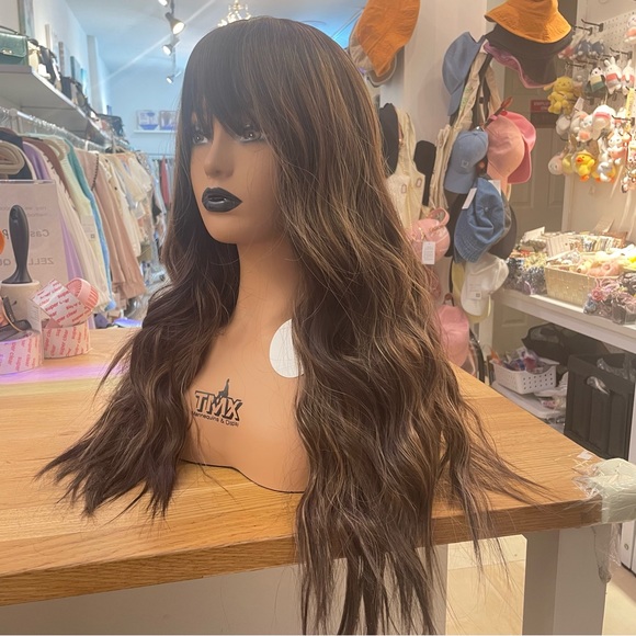 - Human hair blend brown /blonde highlights wig with bang main image 10